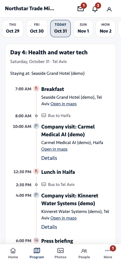 Program screen of the demo mission: day pills with Today selected and the day's program in order