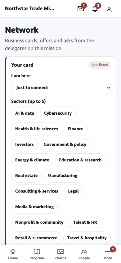 Network screen: your business card with why you are here and up to five sectors