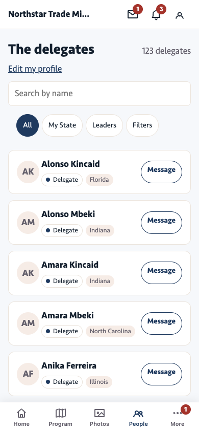 People screen with search, filter chips and a Message button on each card
